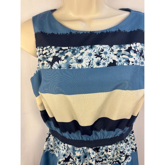 Ann Taylor Loft Blue Striped Floral Dress | Size S Petite | Empire Waist - Picture 3 of 11